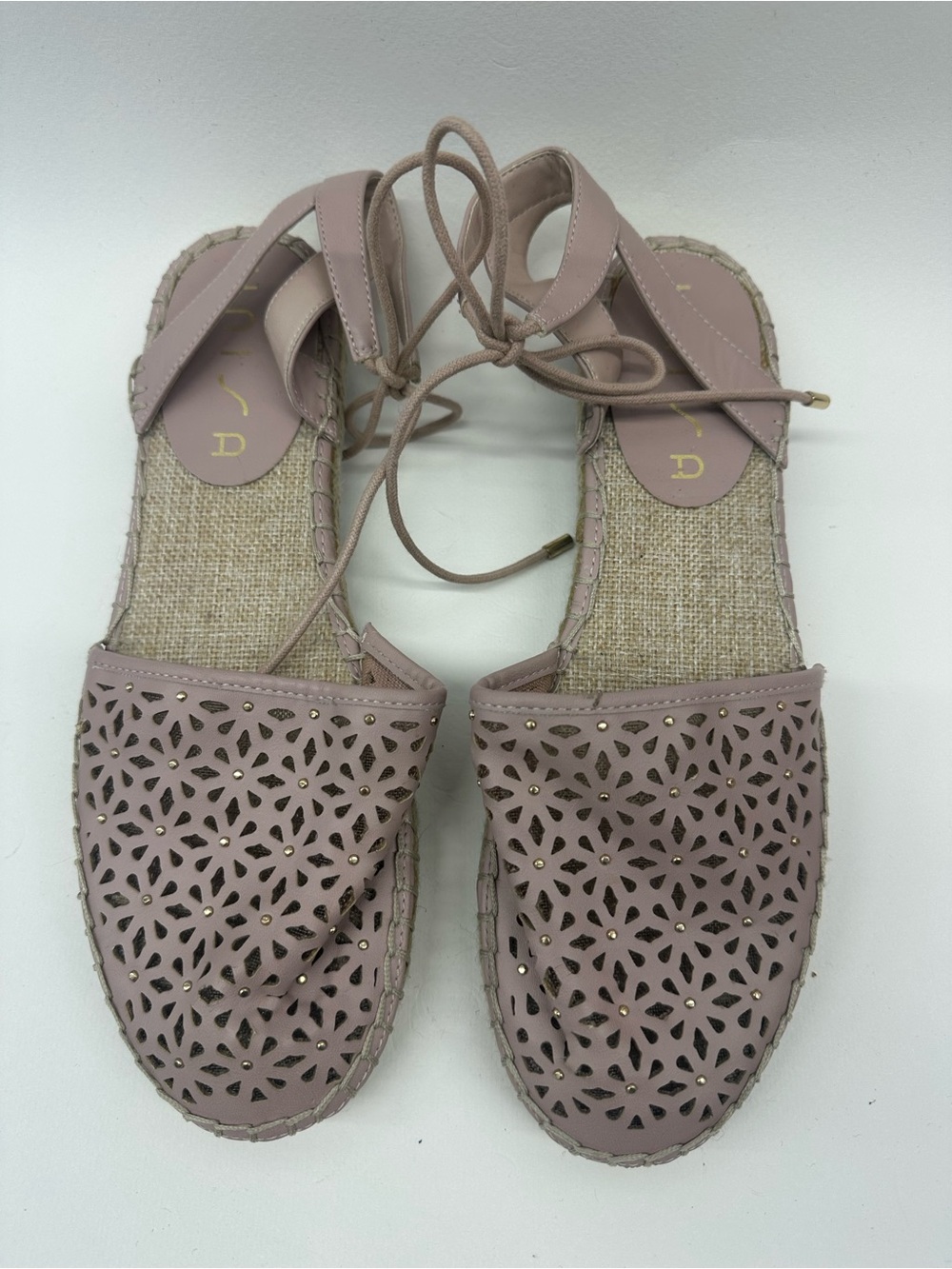 Unisa Lace-Up Laser-Cut Espadrille Sandals in Dusty Rose